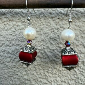 Chic Red and Silver Pearl Earrings